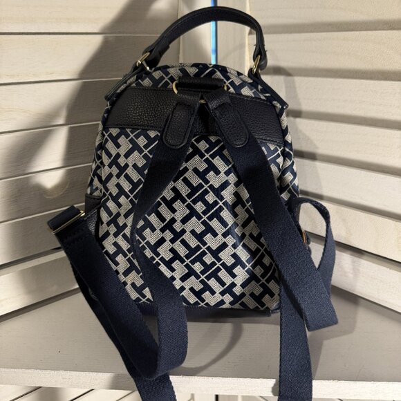 Tommy Hilfiger Mini Backpack Navy Blue Geometric Print Gold Logo 8x8 - Picture 3 of 5
